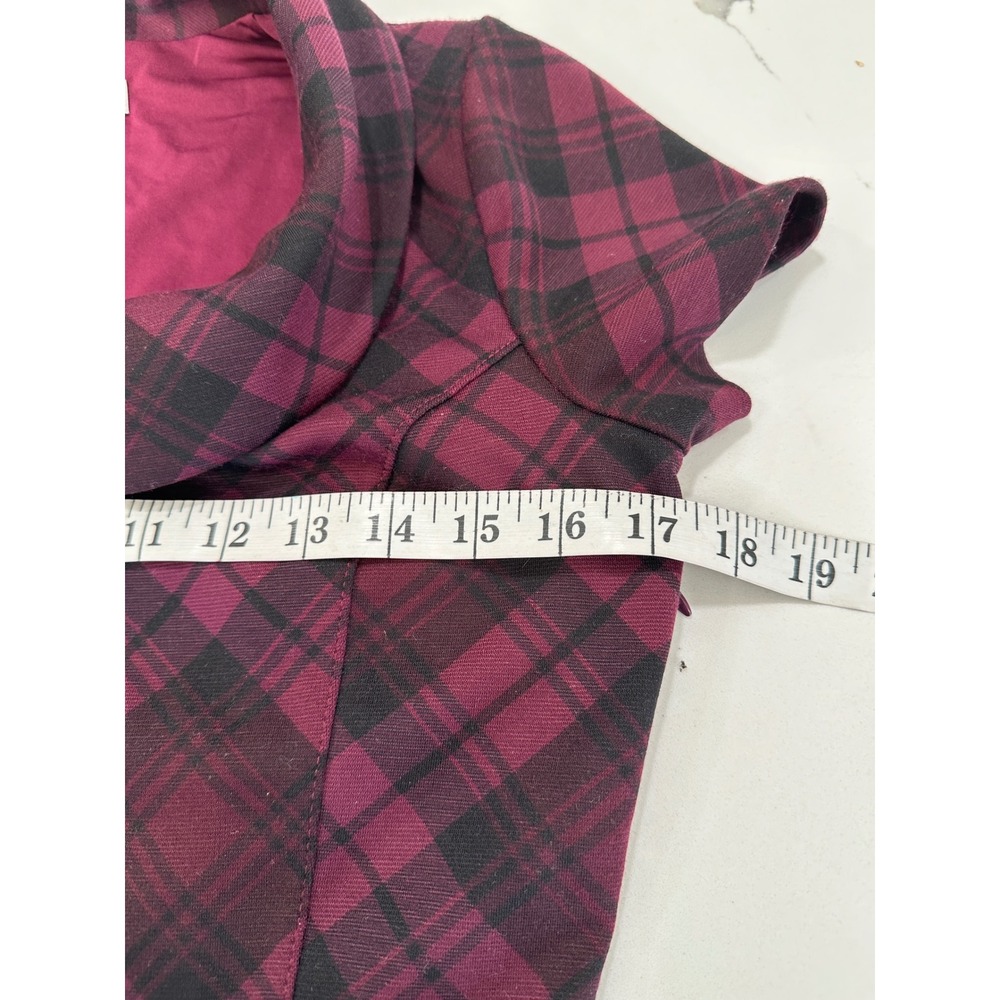 White House Black Market Plaid Cowl Neck Peplum Top Burgundy Black Size 2 - Picture 4 of 5